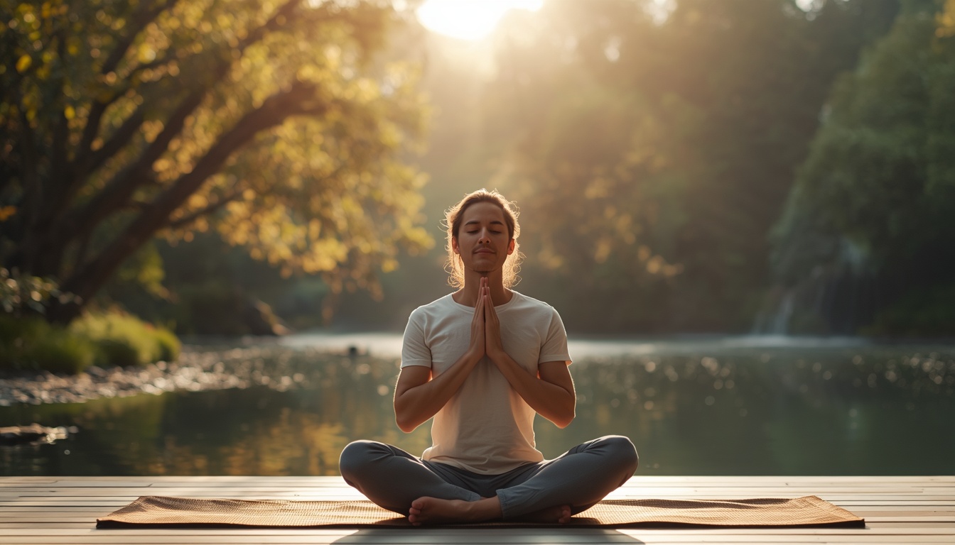 Person practicing mindful breathing in a peaceful environment